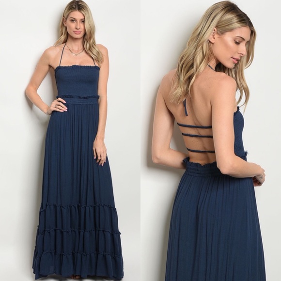 🌞 •LAST 1• Navy Halter Strappy Maxi Boho Dress - Picture 3 of 5